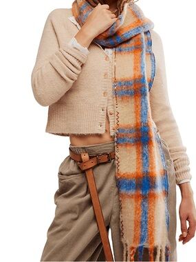 Free People Highland Plaid Skinny Scarf Ivory Combo
